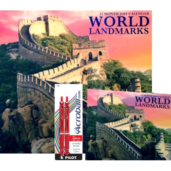 Pre-Owned 2014 World Landmarks 12 Month Calendar, 2014 World Landmarks Mini Calendar Included, Bonus: Pilot Acroball Retractable Hybrid Gel Ball Point Pens, Red 2-pack, 9781453058138, 1453058133, Paperback,