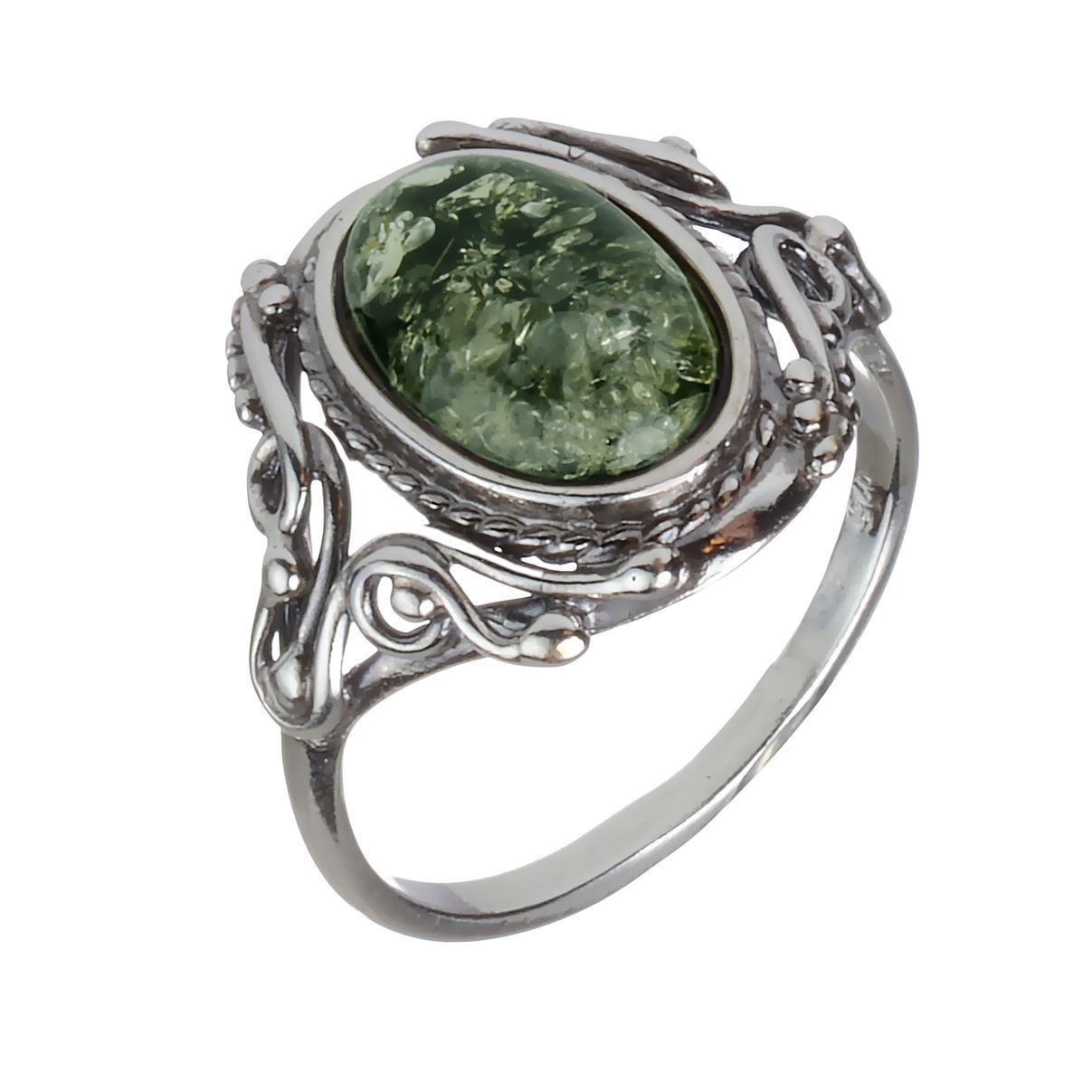 Green Amber Sterling Silver Vintage Style Marquise Ring