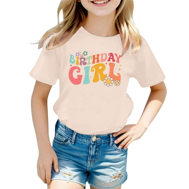 LUOGENLI T-Shirt pour Filles Filles Mode Décontractée Lettre Col Rond T-Shirt à Manches Courtes Haut 5 Maxi Hauts Ensemble à Volants Beige 3-4 Ans