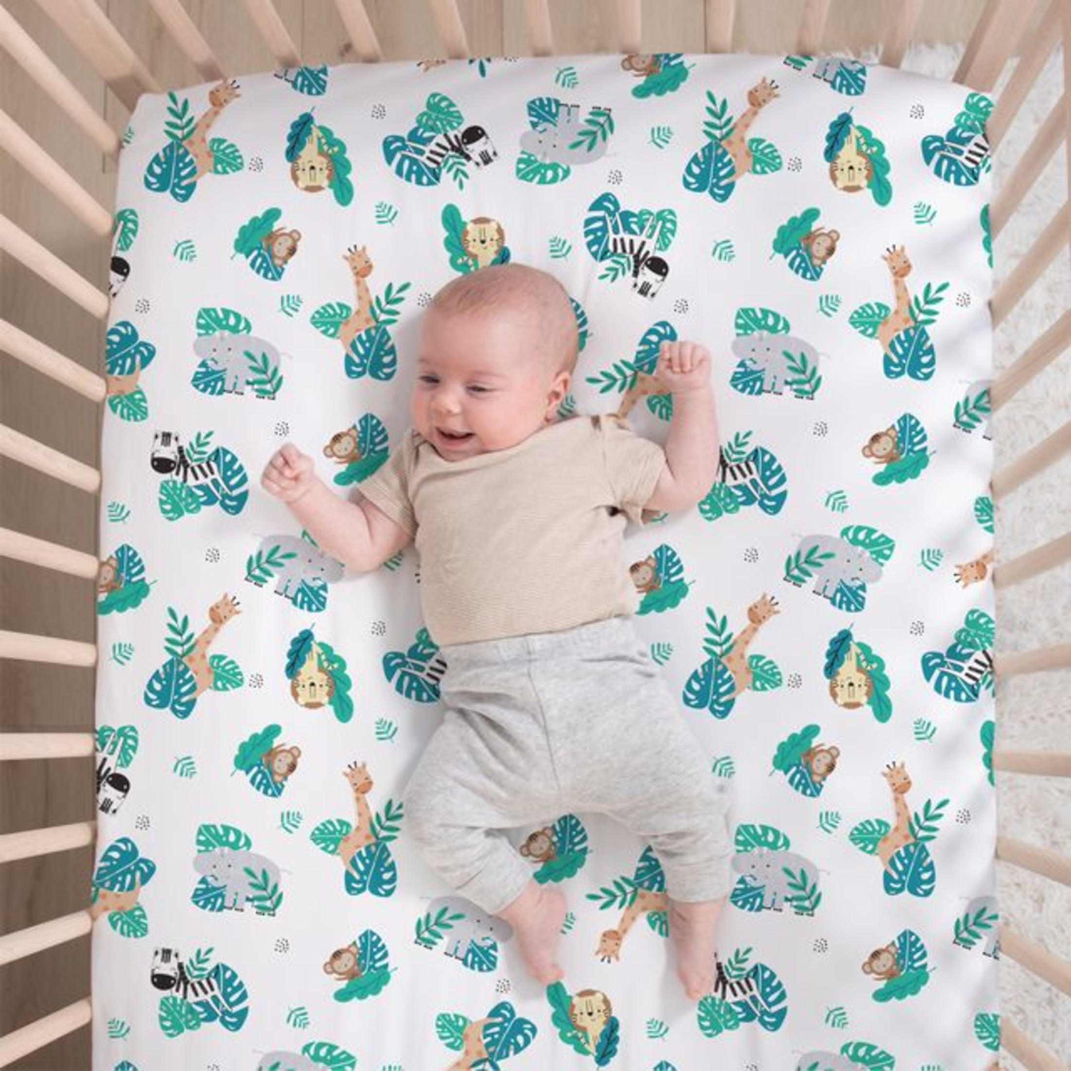 The Peanutshell Green and Grey Safari Adventures Crib Bedding Set for Baby Boys or Baby Girls, 3 Piece Nursery Set