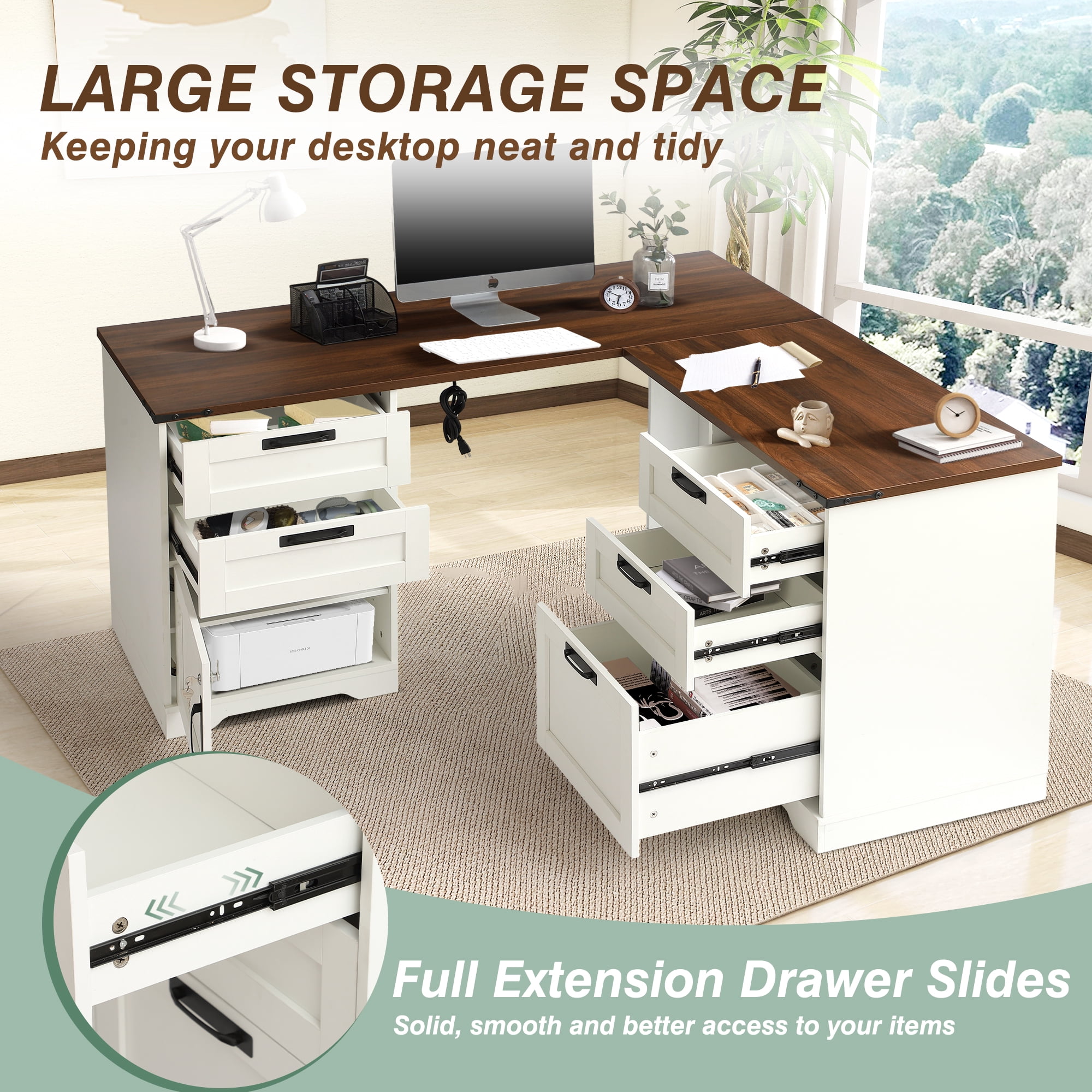Haverchair 60" Executive L Shaped Desk with Drawers, Farmhouse Home Office Desk with Charging Station, Wood Corner Computer Desk with File Cabinet, Writing Computer Desk for Work and Study