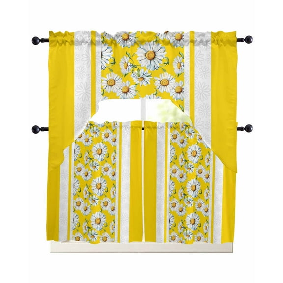 Retro Daisy Kitchen Curtains Sets 24 Inch Length with Valance, Farmhouse Country Floral Yellow Striped Swag Valances and Tiers Curtain Set Drapes Swag Curtains for Living Room, Bathroom, Bedroom