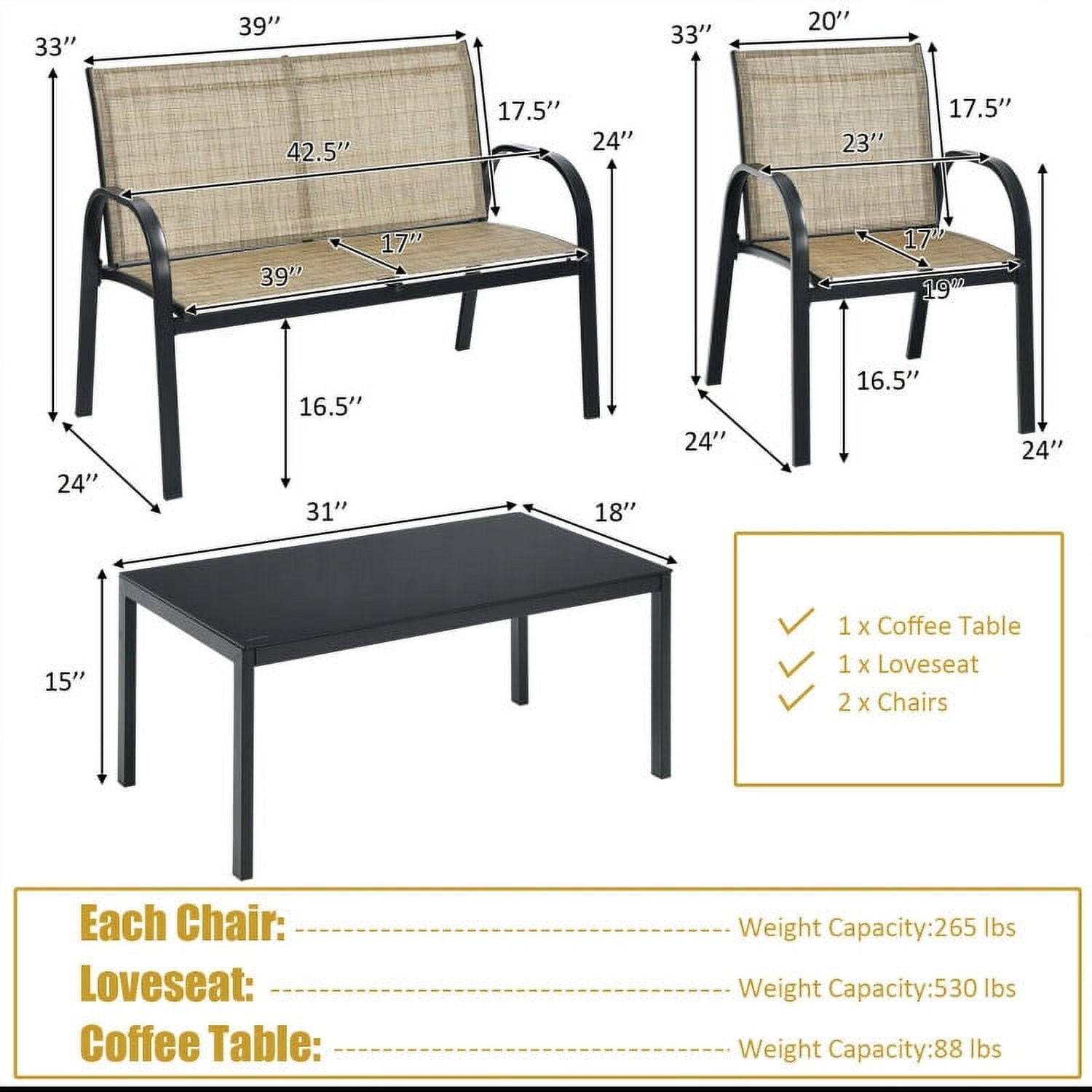 Aimee Lii 4 Pieces Patio Furniture Set, Aluminum Frame Cushioned Sofa, Small Patio Set, Brown Aimee Lii 4 Pieces Patio Furniture Set, Aluminum Frame Cushioned Sofa, Small Patio Set, Brown