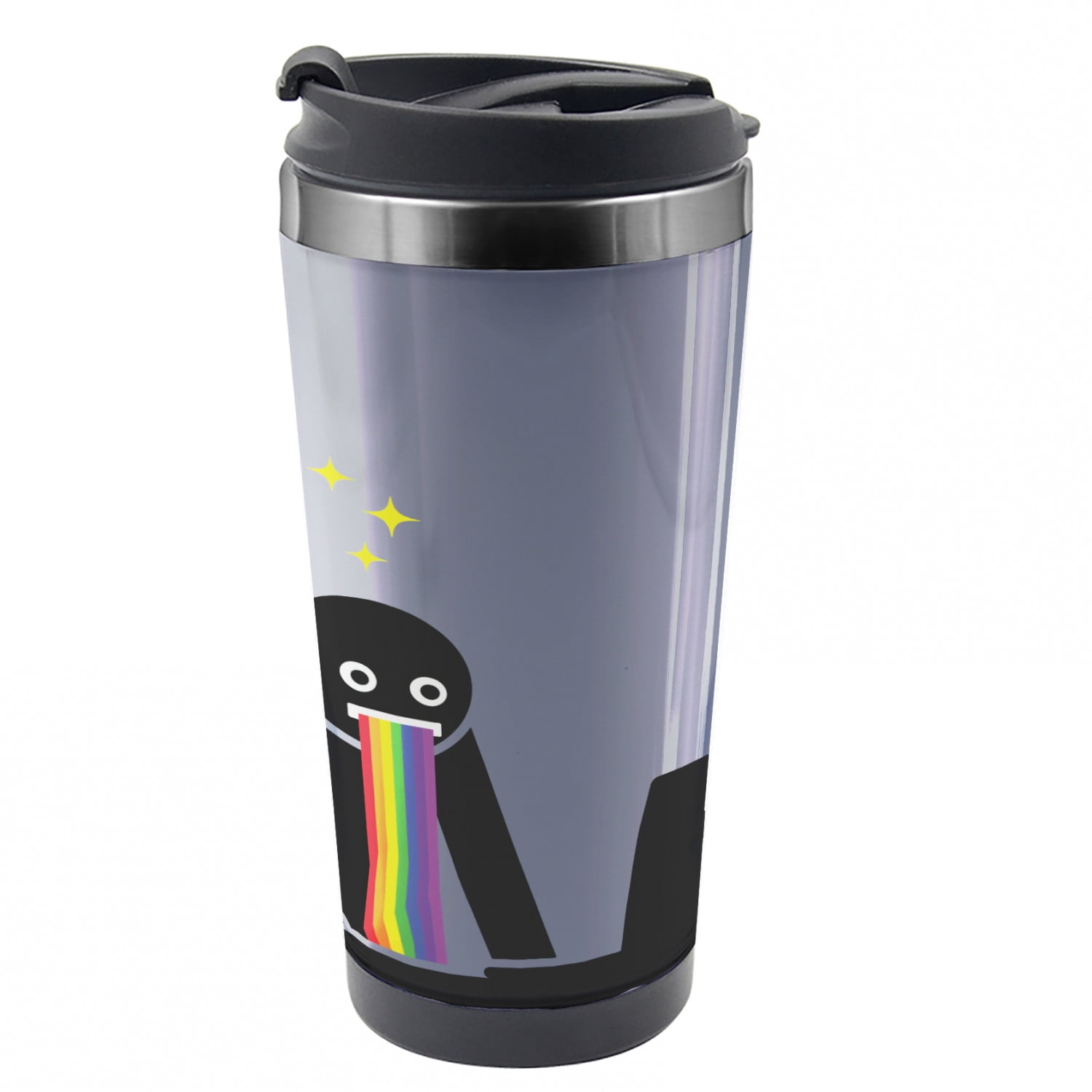 Funny Travel Mug, Amazed Man Puke Rainbow Image, Steel Thermal Cup, 16