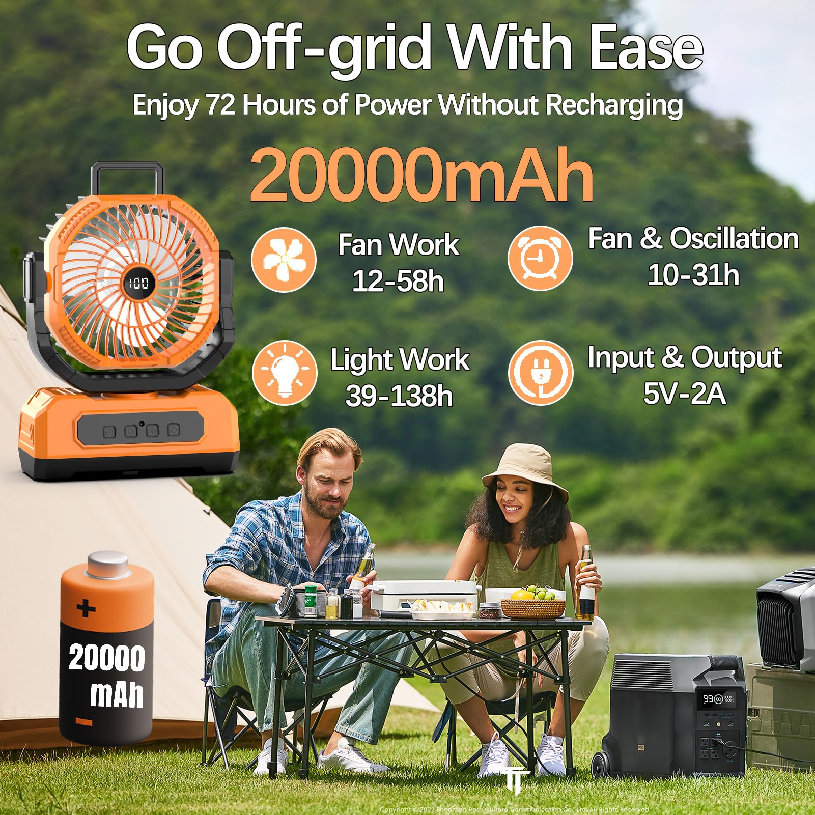 Portable Fan Rechargeable,20000mAh Cordless Battery Powered Fan with LED Lantern,270Rotation With remote control,USB C Battery Operated for Travel Camping Tent Office Beach Fishing Outdoor,ORANGE