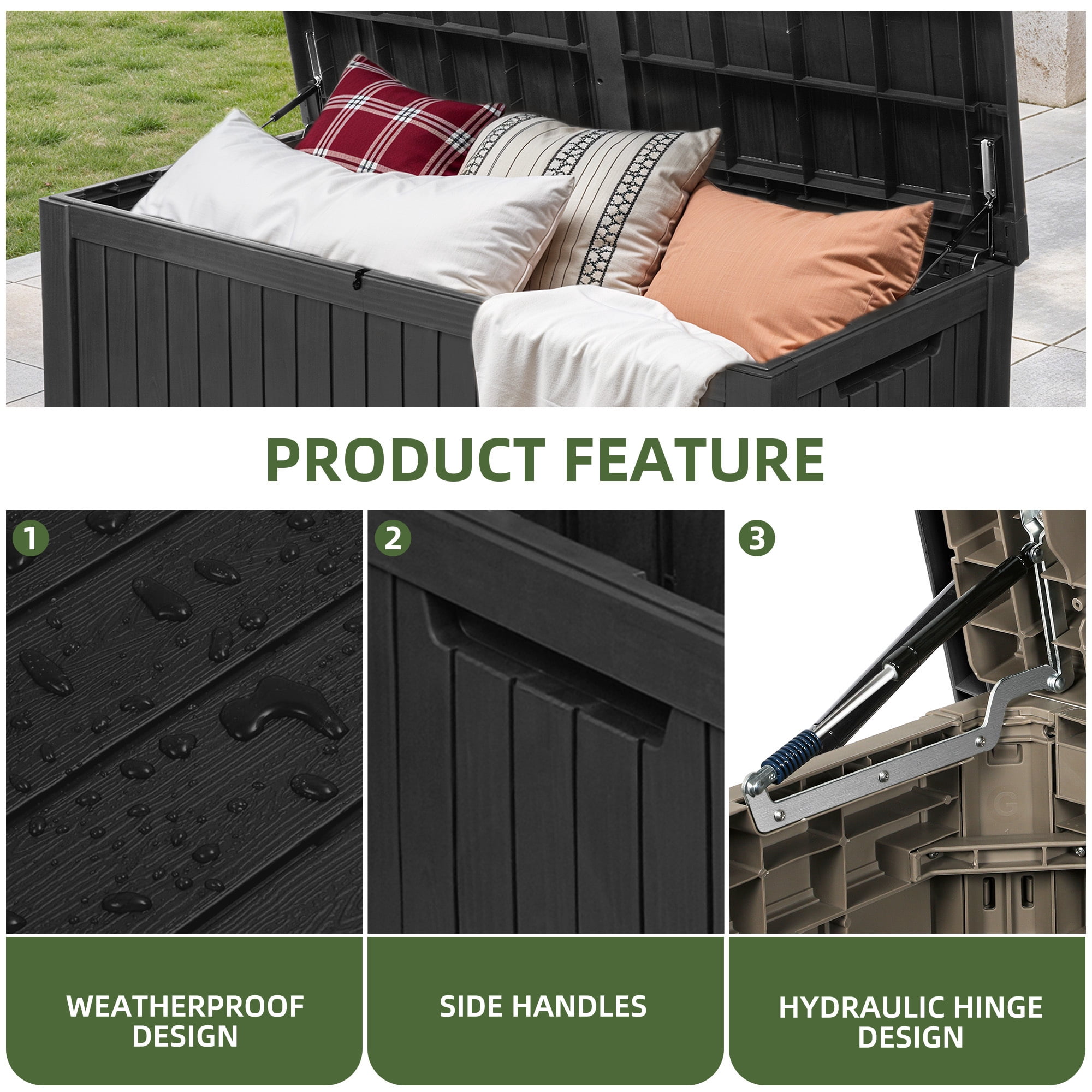 Uforic 150 Gallon Large Outdoor Deck Box, Waterproof Resin Storage with Divider, Lockable, for Patio Cushions Garden Tools Pool Supplies, Dark Black