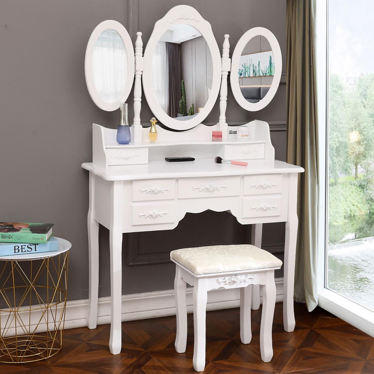 Ktaxon Vanity Set,Make Up Dressing Table Set w/Stool 7 Drawer & 3 Foldable Mirrors White