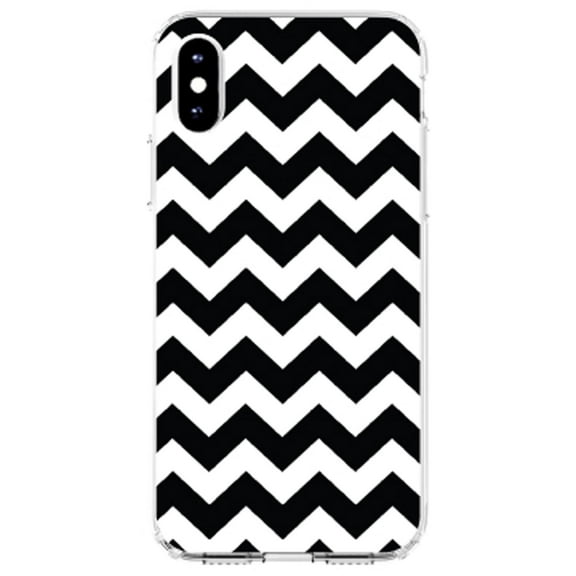 DistinctInk Clear Shockproof Hybrid Case for iPhone XS Max (6.5" Screen) - TPU Bumper, Acrylic Back, Tempered Glass Screen Protector - Black & White Chevron Stripes - Chevron Stripes Pattern