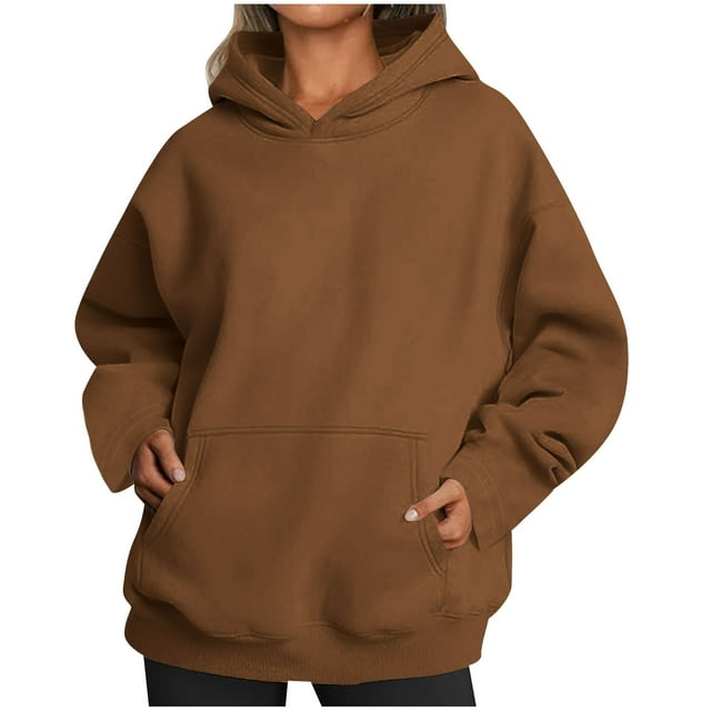 RXIRUCGD Womens Oversized Hoodies Fleece Sweatshirts Long Sleeve Sweaters Pullover Fall Outfits With Pocket, Brown, Size: L