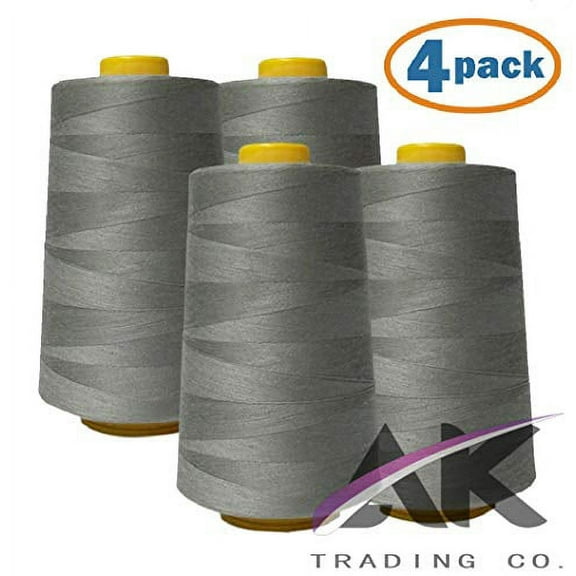 AK Trading 4-Pack Light Gray All Purpose Sewing Thread Cones (6000 Yards Each) of High Tensile Polyester Thread Spools for Sewing, Quilting, Serger Machines, Overlock, Merrow & Hand Embroidery