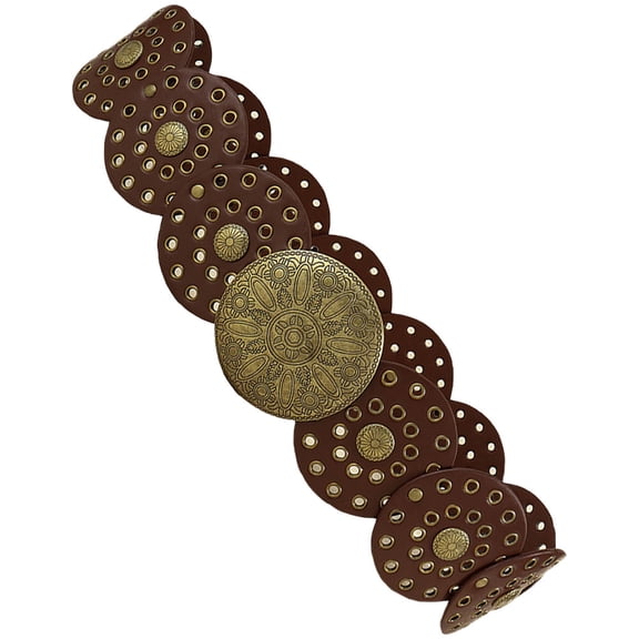 UPGRATOR 1Pc Wide Brown PU Metal Hollow Disc Belt for Girls Western Style Fashion Events 11.8x3.6x0.4in