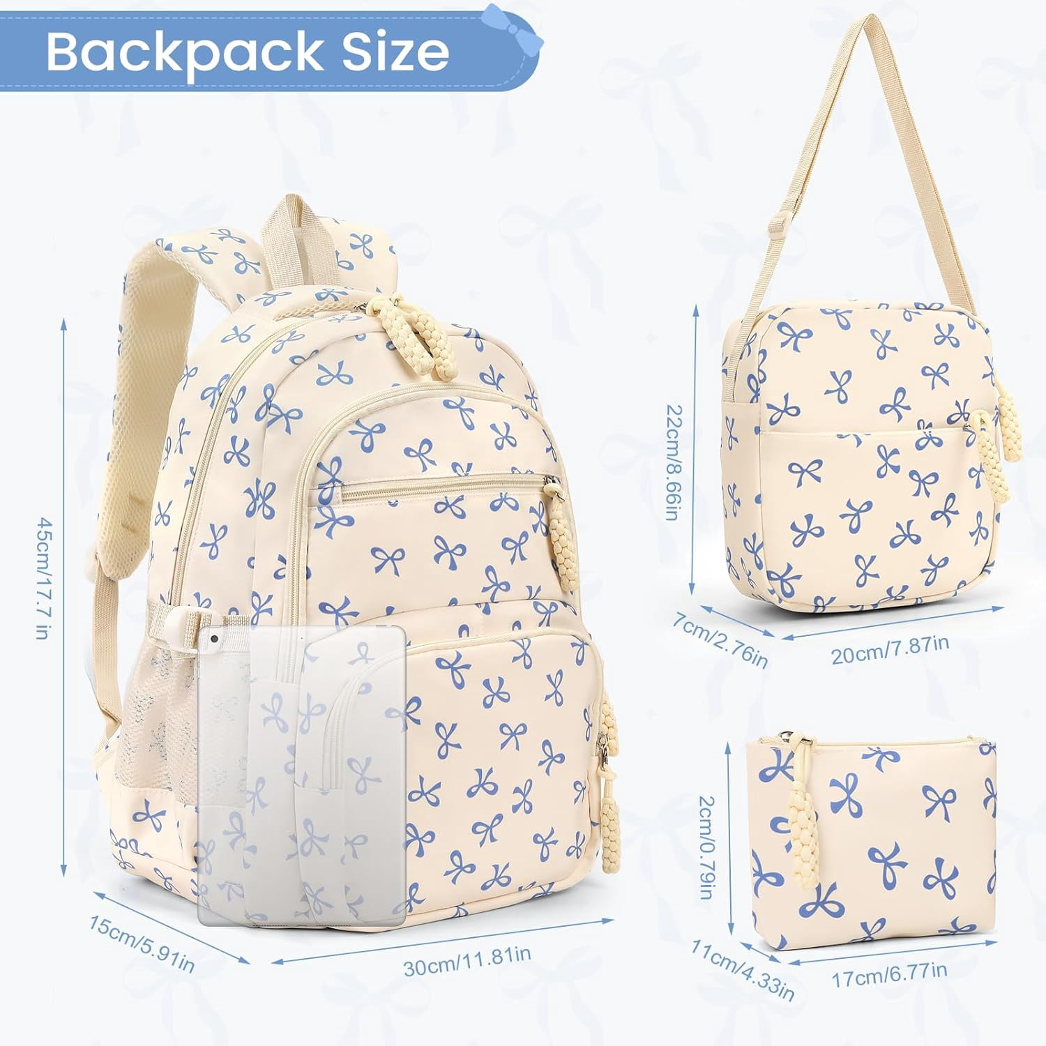 Lohol Coquette Aesthetic Backpack - Cute Kawaii Bow Rucksack for Women, Trendy & Lightweight Nylon Daypack (A02 Bow Blue)