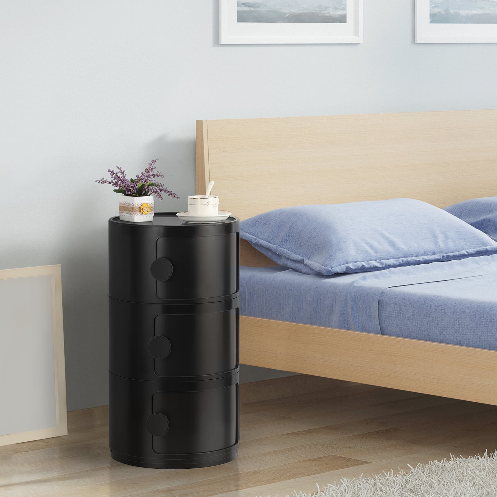 3 Drawer Sliding Barrel Modern Bedroom Nightstand, Black