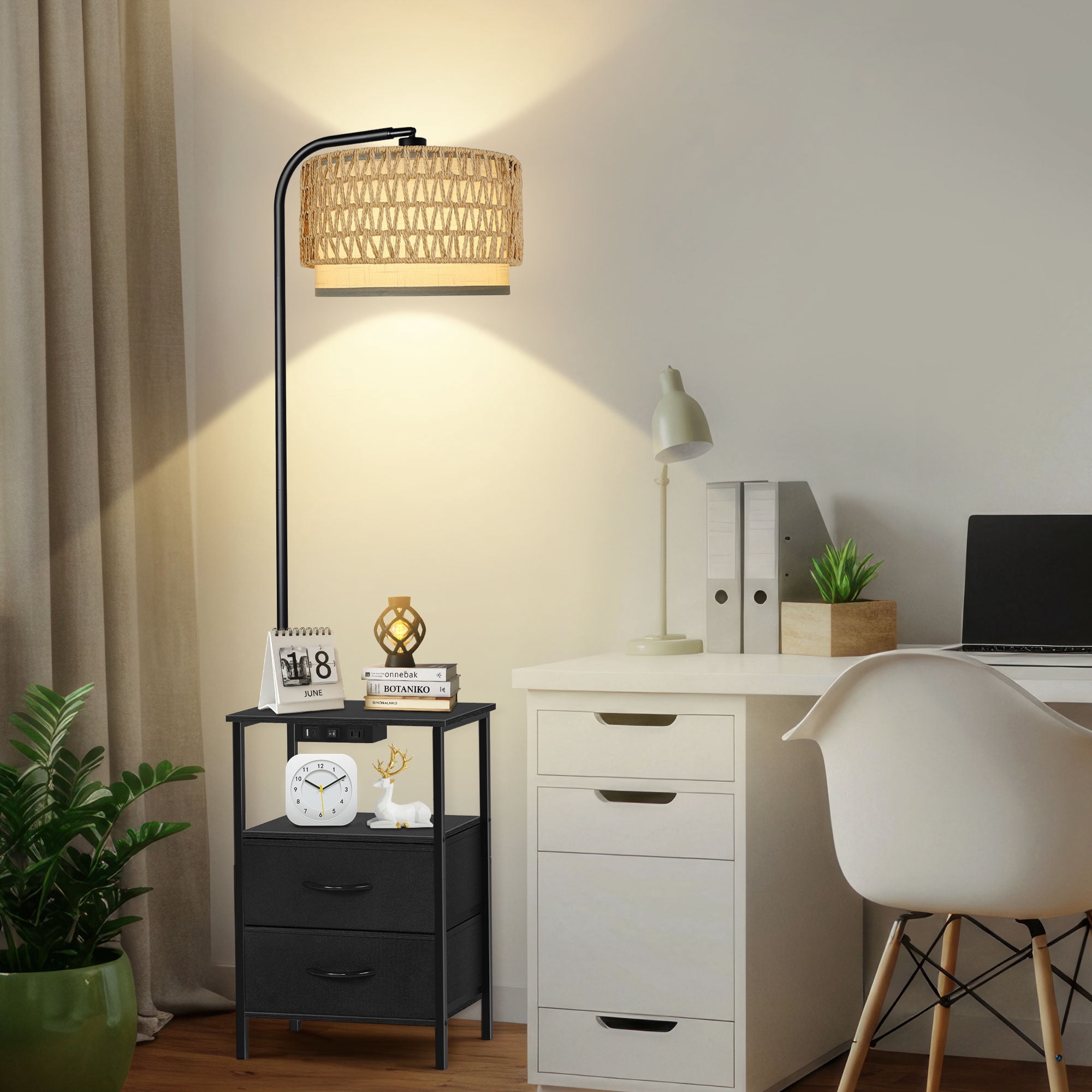 OUTONLIFE Floor Lamp with Table for Bedroom Living Room, End Table with 2 Drawers , Lamp with USB Port and Outlet, 3 Color Led Bulb Included, Black