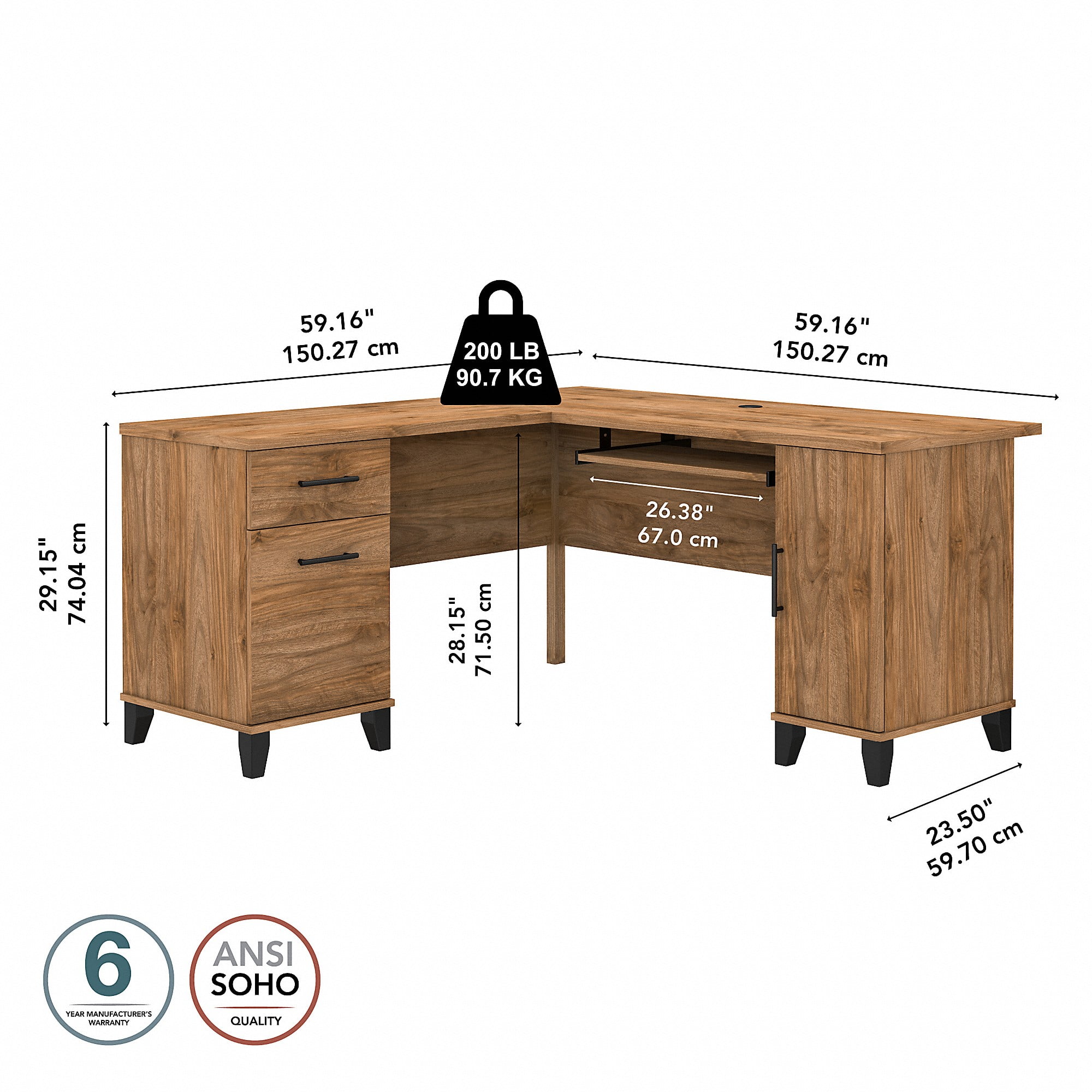 Bush Furniture Somerset 60 in L Desk with Keyboard Tray, File Drawer, Box Drawer and Storage Cabinet in Fresh Walnut (Ships in 2 Boxes)
