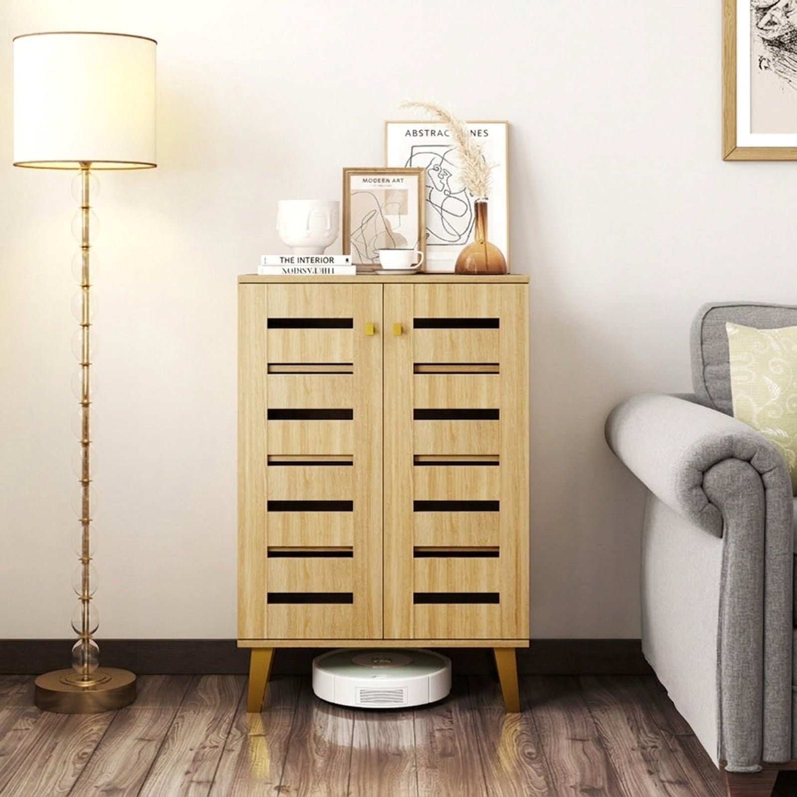 Furnibear 4 Tier Freestanding Wooden Shoe Cabinet with Louvered Doors and Removable Shelves for Entryway Hallway and Bedroom, Oak