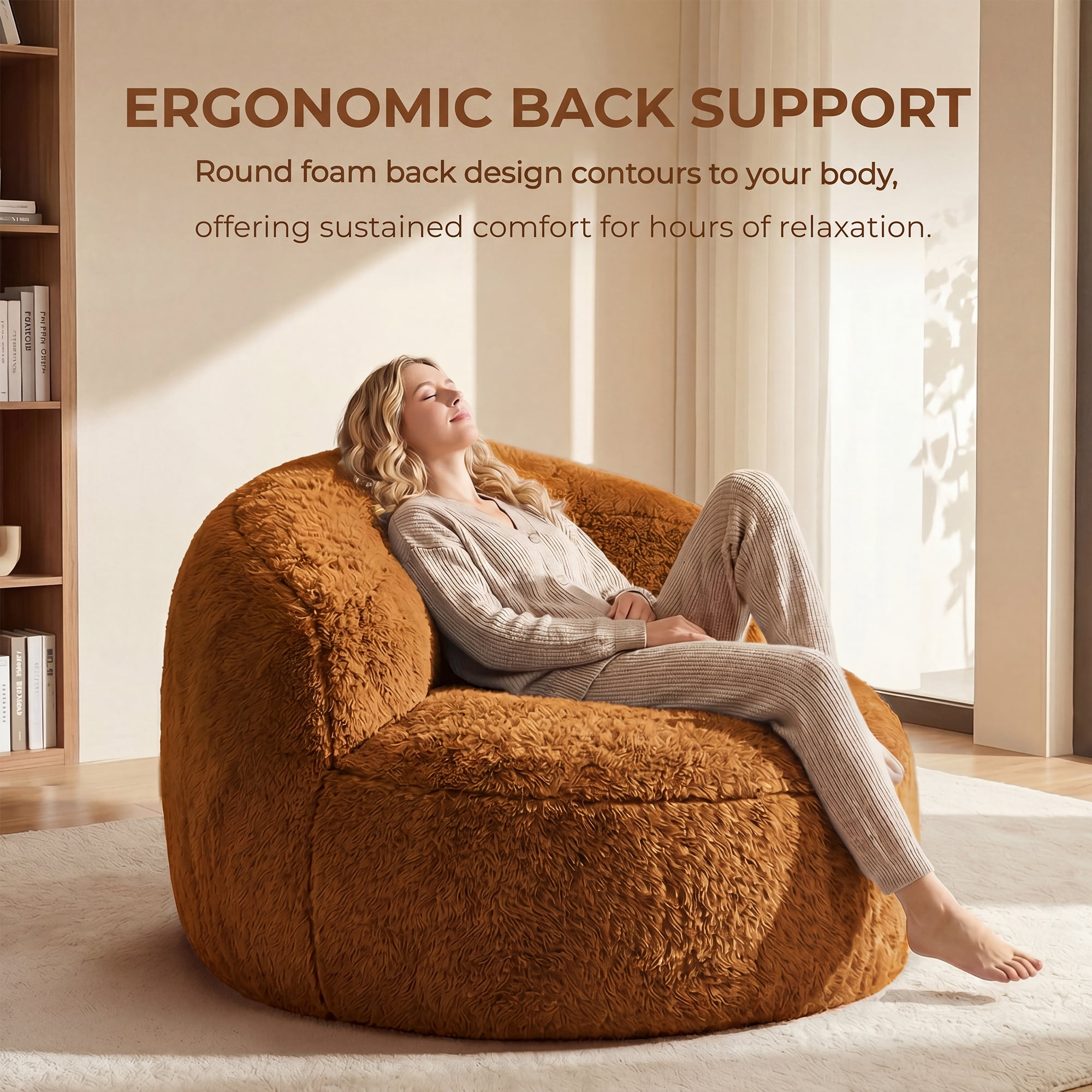 Fulsmile Bean Bag Chair Large Plush Chairs for Adults Giant Beanbag Chair Bean Bag Sofa with Stuffed Memory Foam Oversized Bean Lounger Chair for Reading Gaming Relaxing, Caramel