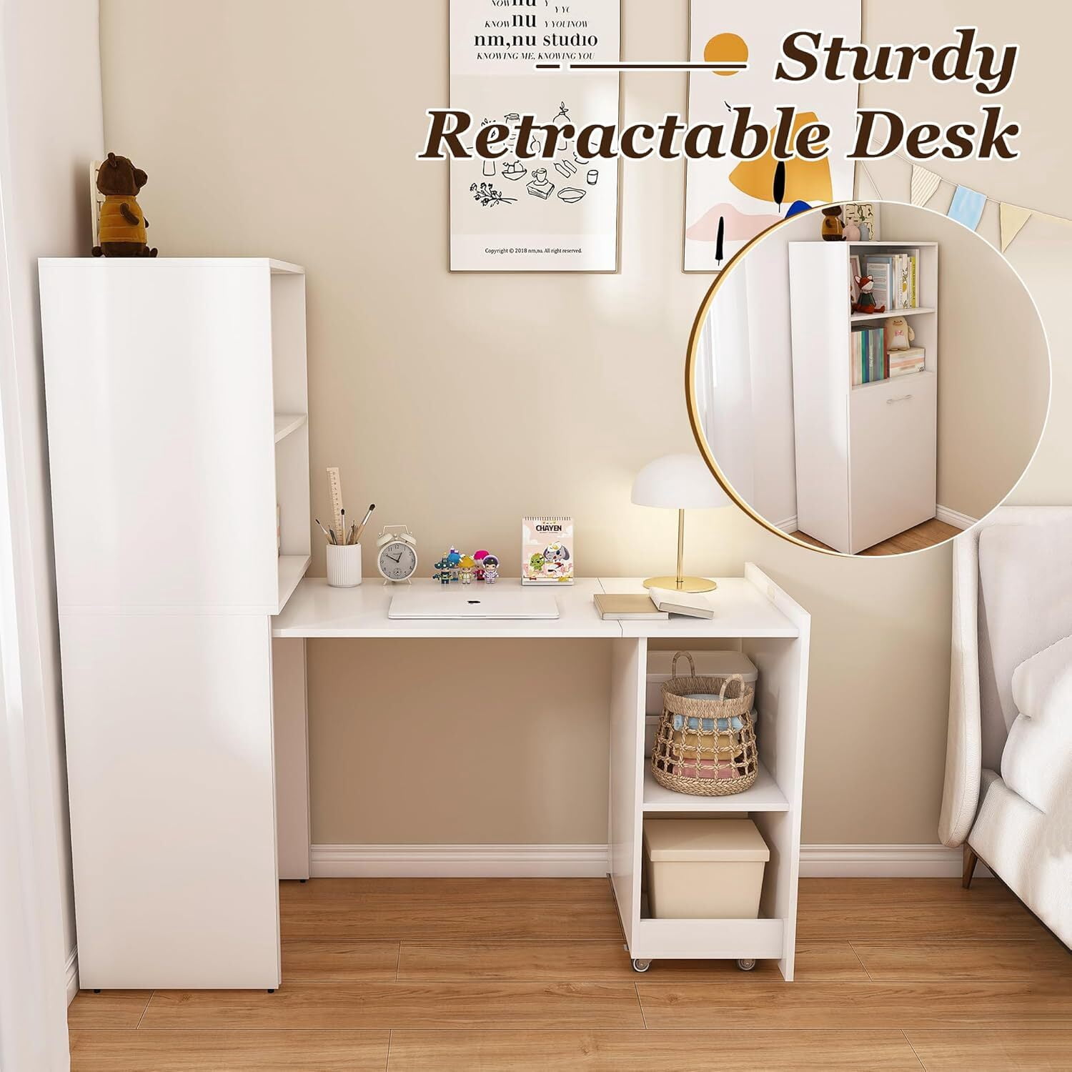 Montary Mobile L-Shaped Desk with Shelves & Wheels, Foldable & Expandable Office Desk for Small Spaces (White)