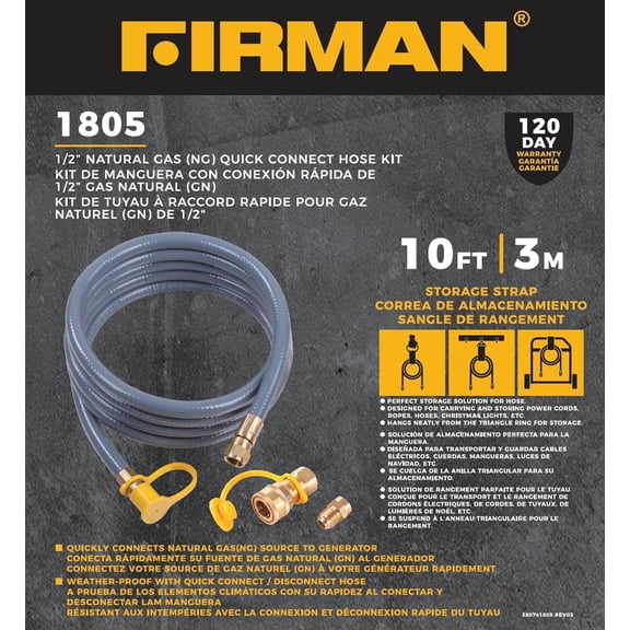 FIRMAN 1805 Natural Gas 10' Hose with Storage Strap, Quick Connect, Heavy Duty, Flexible, Weather Resistant Extension Hose for Tri- Generators, BBQ Grills, and Outdoor Appliances