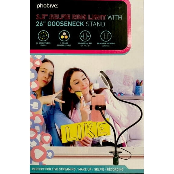 Photive 3.5” Selfie Ring Light with 26” Gooseneck Universal Fit Stand 3 colors