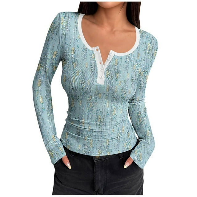HongQid Women's Long Sleeve Shirts Casual Fall Henley Top Button Down Blouses Basic Ribbed Knit T Shirts