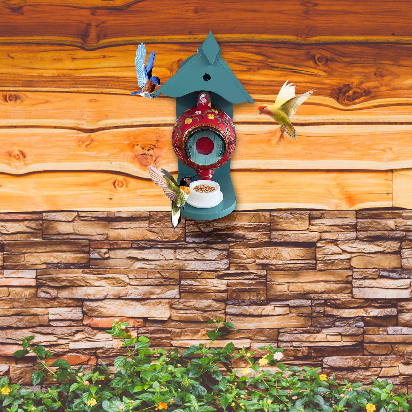 FFENYAN Resin Ceramic teapot Decoration Bird Feeder Bird House And Feeder Vintage Style Outdoor Bird House Bird Feeder Teapot Teacup Design Garden Wall Hanging Resin Decoration