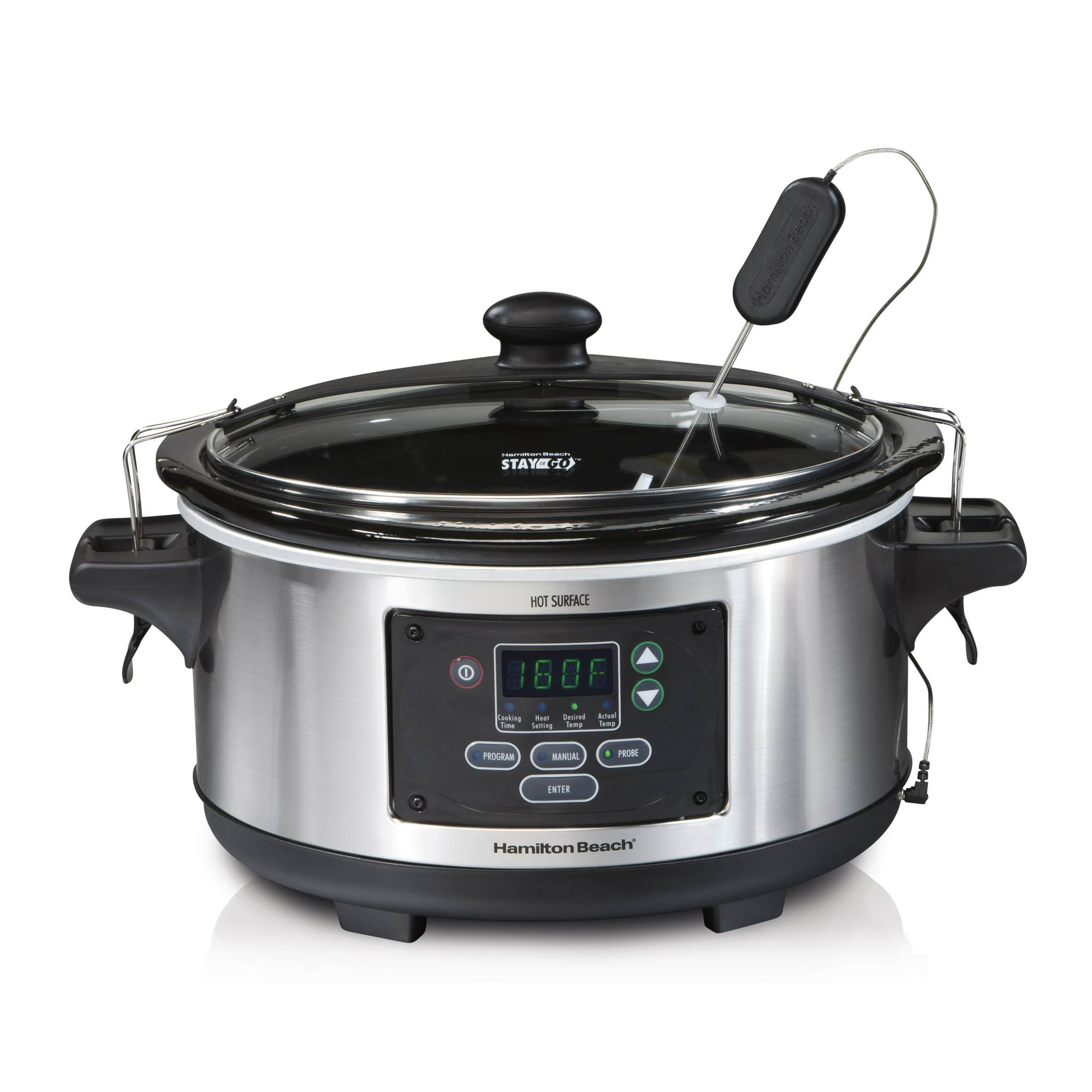 Hamilton Beach 33969A 6 Quart Programmable Set Forget w Temperature Probe Slow Cooker Stainless Steel Walmart
