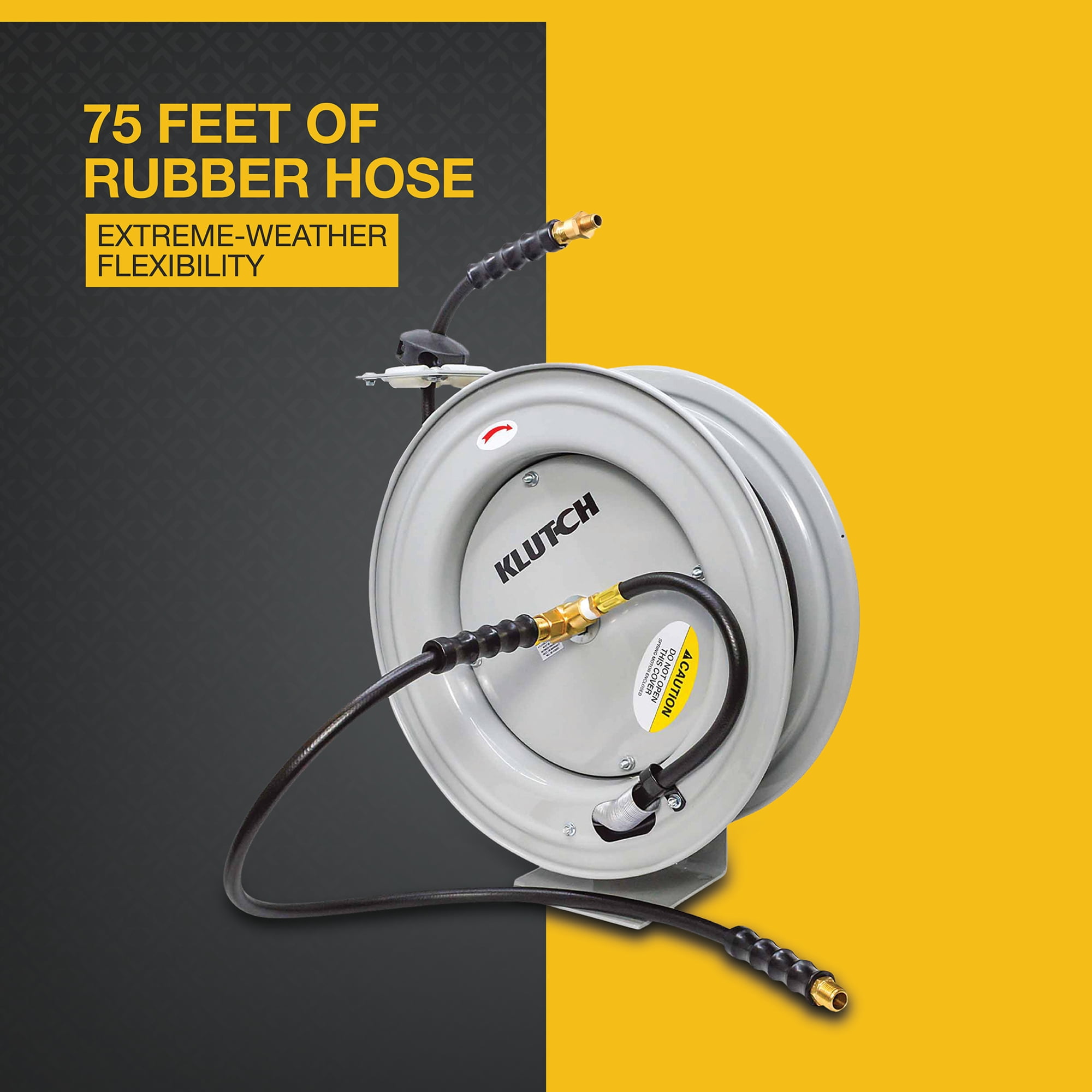 Klutch Auto-Rewind Air Hose Reel with 3/8in. x 75ft. Rubber Hose, 300 PSI