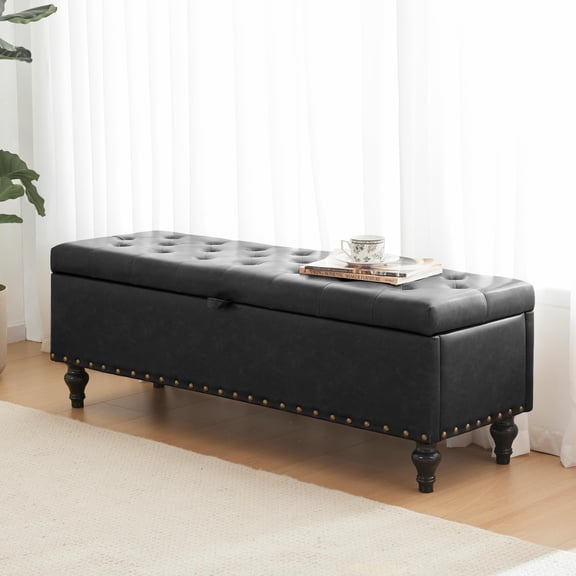 Black Tufted Storage Ottoman Bench, 50 Inch Flip Top Foot of Bed or