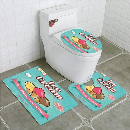 GOHAO Ice Cream Best Flavor Collection Quote Free Topping Kids 3 Piece Bathroom Rugs Set Bath Rug Contour Mat and Toilet Lid