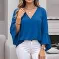 thumbnail image 4 of Htigea V-Neck Tops for Women Ruffle 3/4 Sleeve Shirt Casual Loose Pullover Dressy Business Blouses Blue L, 4 of 7