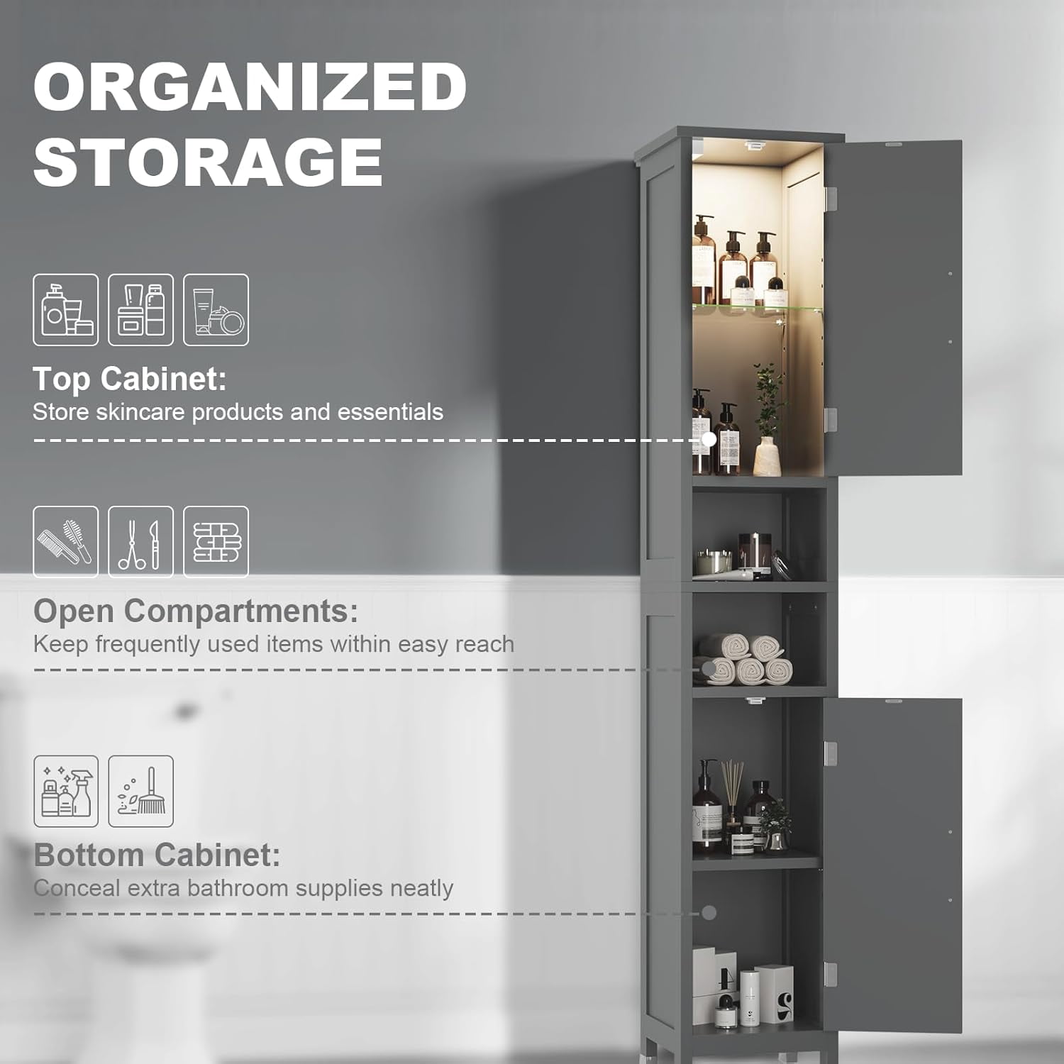 67" Tall Bathroom Storage Cabinet with Lights, Slim Narrow Bathroom Cabinet Organizer with Doors and Adjustable Shelves, Tall Cabinet for Small Space, Living Room, Kitchen, Gray