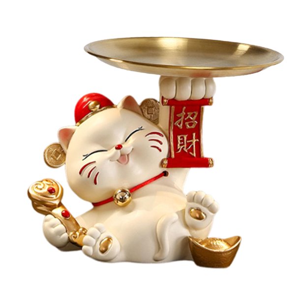 Estatua de gato mayimx Bandeja de almacenamiento de resina Beige