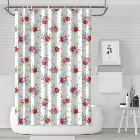 Pioneer Flower Floral Print Pattern Modern Waterproof Shower Curtain Set with 12 Hooks, Washable Decorative Bathroom Shower Curtain