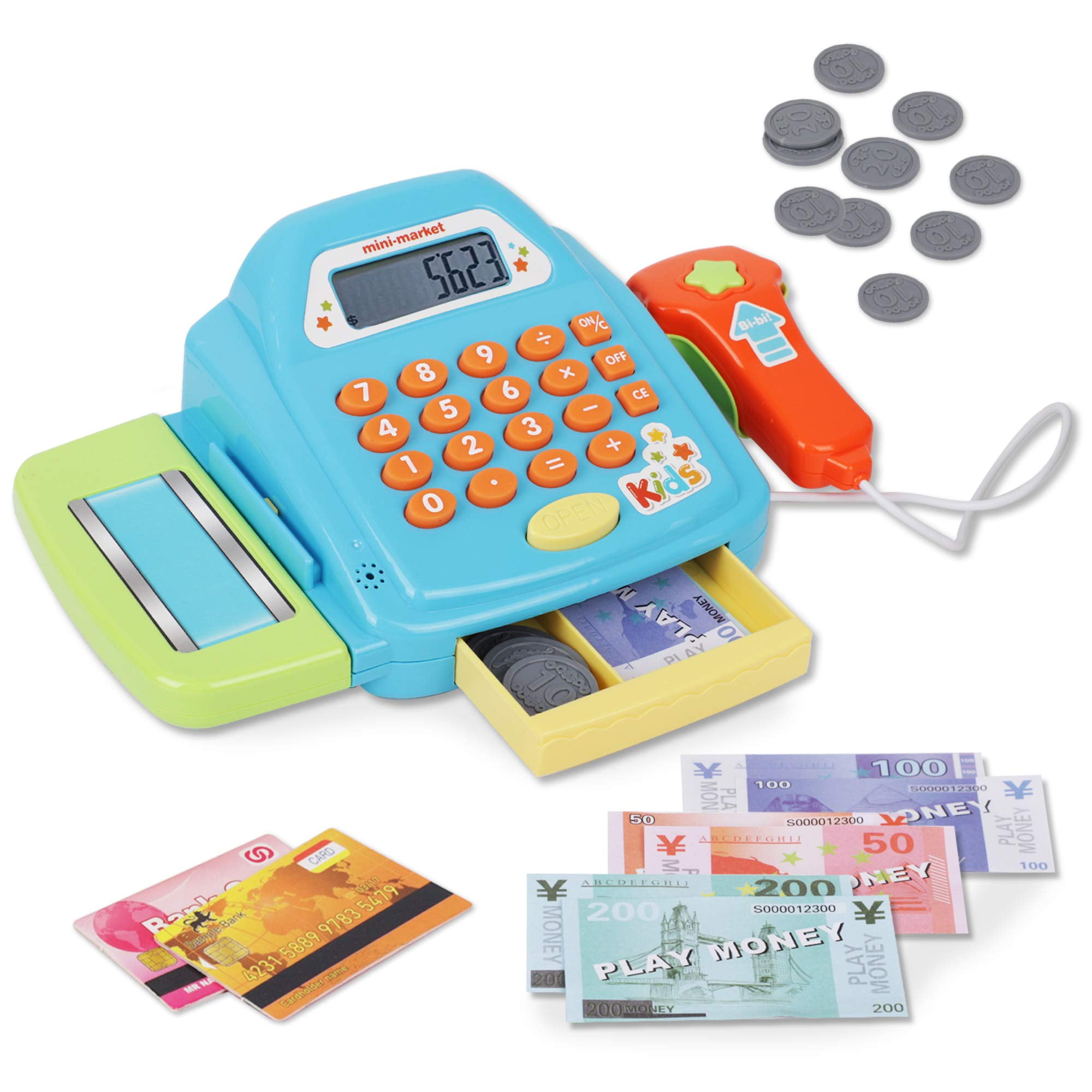 Pretend Play Toys for Boys & Girls Scanner Play Money and Play Food Cash Register for Kids with Electronic Sound 