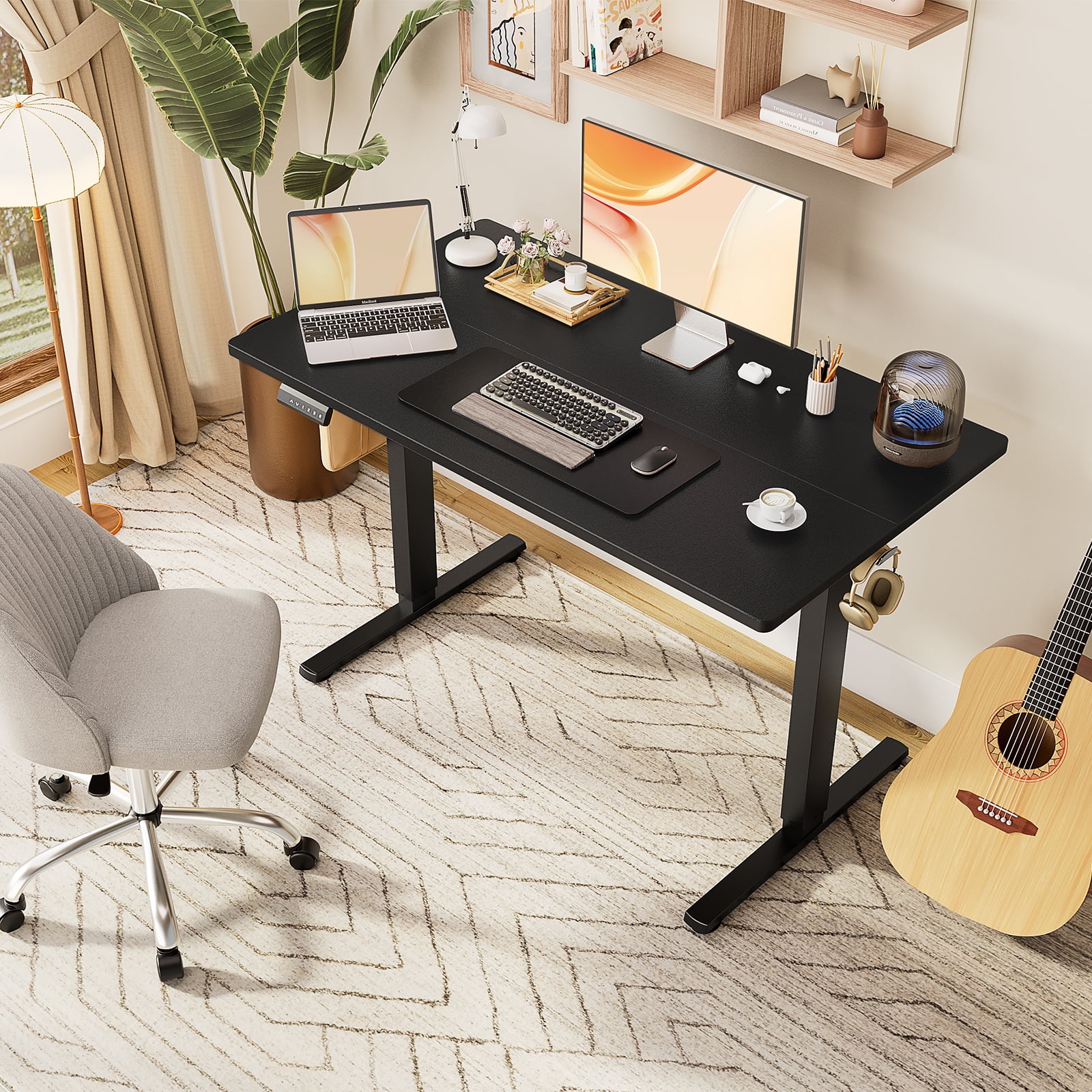 CONCETTA Electric Adjustable Height Standing Desk - 48 x 24 inch Sit to Stand Up Desk with Splice Board, Rising Home Office Computer Table with 2 Hook and Wire Hole for Work, Black