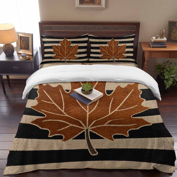 Thanksgiving 4 Piece Bedding Set, Fall Vintage Country Orange Maple Leaf Black Stripe Twin Size Duvet Cover Set with Zipper Closure & Corner Ties Soft Breathable Comforter Cover for Bedroom