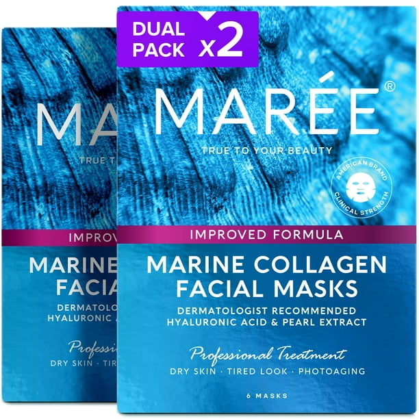Mascarilla facial MAREE Colágeno con ácido hialurónico, paquete de 2 unidades, 12 unidades