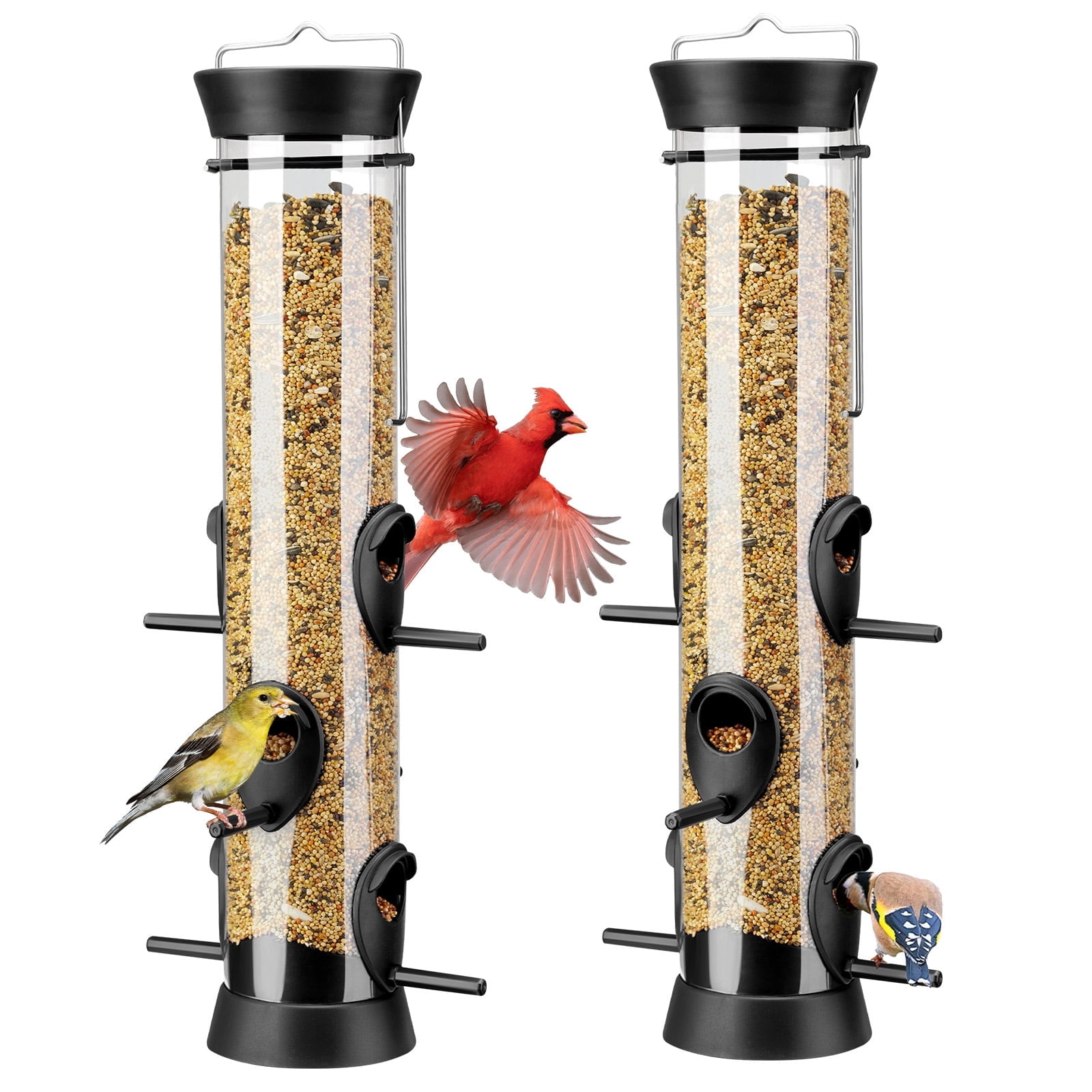 Kingsyard 2 Pack Tube Bird Feeders for Outdoors Hanging, Wild Bird Feeder with 6 Feeding Ports, Easy to Clean & Refill, 2 lbs Seed Capacity, Great for Attracting Finches, Cardinals (Black)