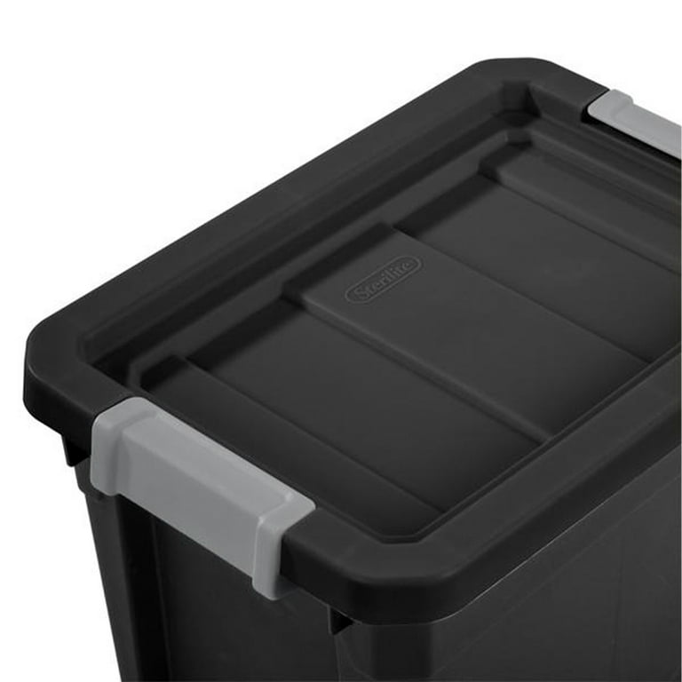 Sterilite 27 Gal Industrial Tote, Stackable Storage Bin with Latching Lid,  Plastic Container with Heavy Duty Latches, Black Base and Lid, 12-Pack