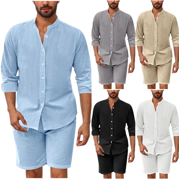 FRSASU Men's Cotton Linen 2 Piece Outfits Cuban Short Sleeve Button Down Shirts and Shorts Summer Beach Vacation Sets for Men White