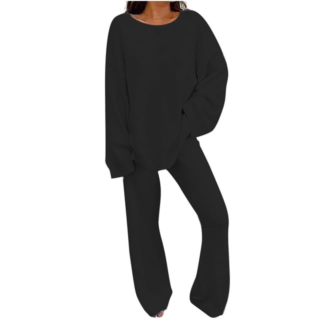 FAIWAD Pyjama 2 Pcs pour Femme en Molleton Duveteux à Col Rond, Ensemble de Pyjama Décontracté, Haut à Manches Longues et Pantalon à Jambe Grand