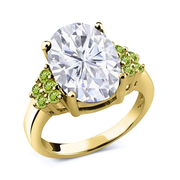 Gem Stone King 18K Yellow Gold Plated Silver Green Peridot Ring Set with Moissanite (5.65 Cttw) (Size 6)