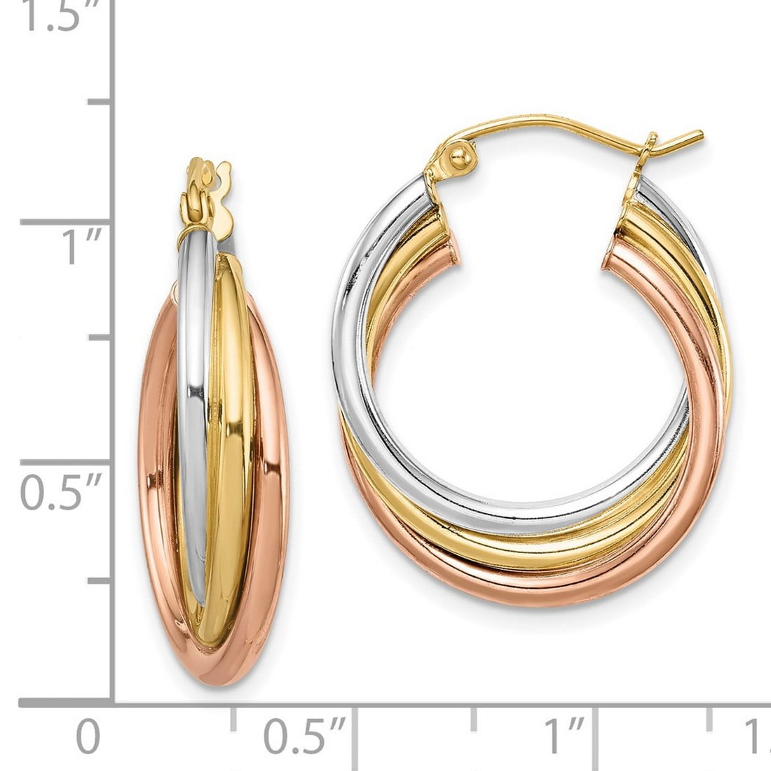 925 Sterling Silver Polished Hinged post Tri Color Gold Plated Hoop Earrings 21x24mm Wide 6mm Thick Hoop Earring for Wom