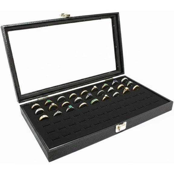 Novel Box Black Glass Case 14.75x8.25x2.1 Inches with 72-slot Black Ring Foam Liner & Metal Clasp