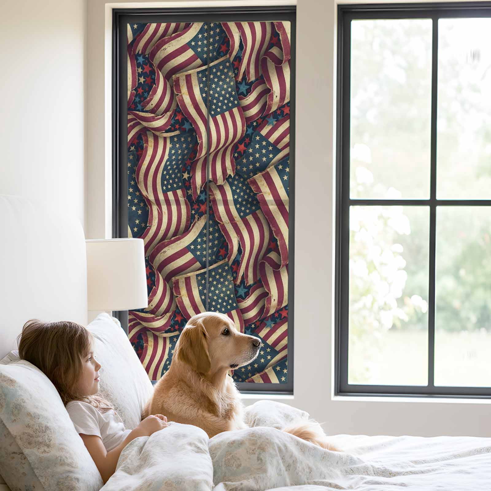 Independence Day Window Privacy Film, Red Blue USA Flag Retro Patriotic Stars Stripes Static Cling UV Sun Blocking Tint Film Heat Control Windows Films for Bedroom Bathroom, Window Stickers 23.6"x59"