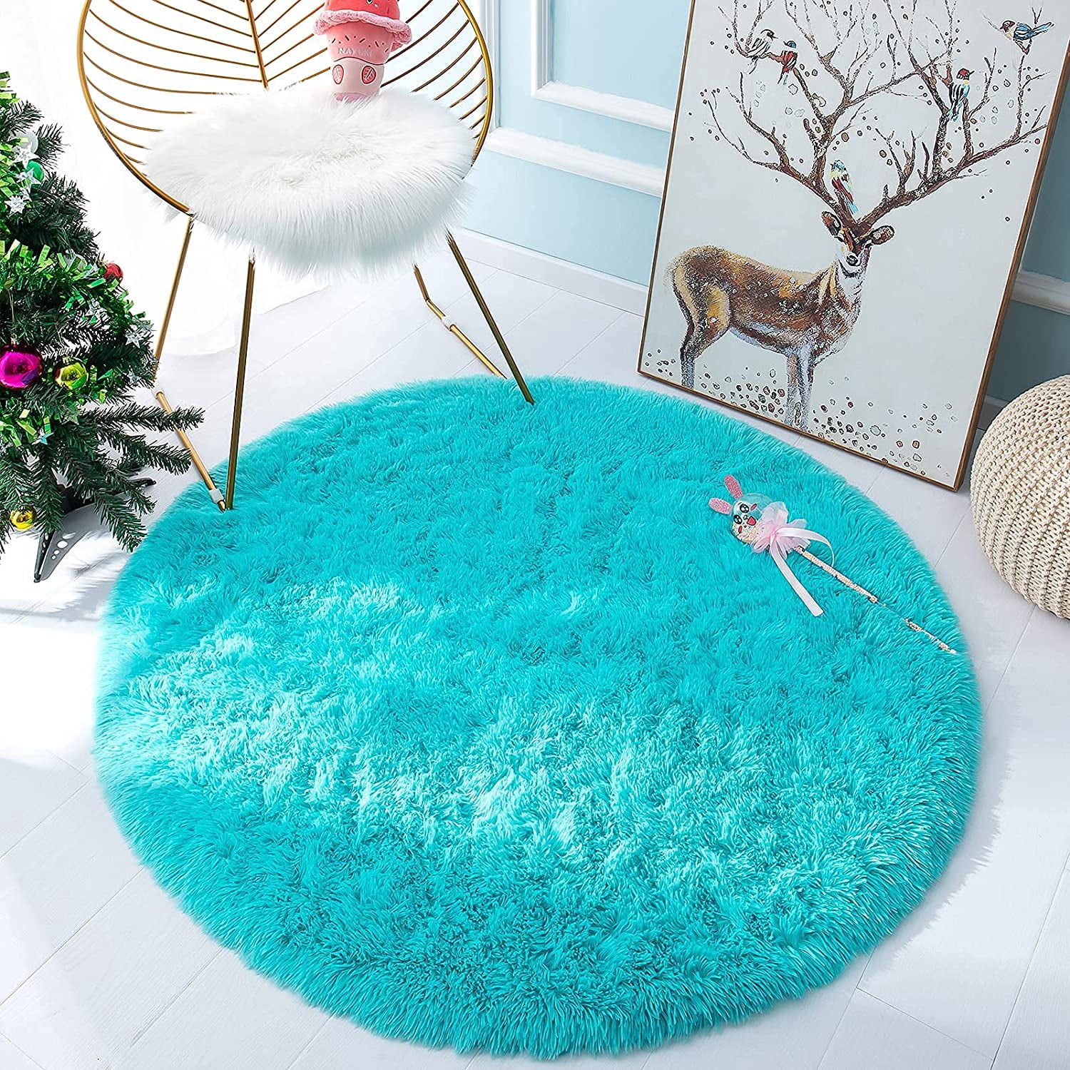 DweIke Round Rug for Bedroom,Soft Shaggy Area Rugs for Living Room Decor,Fluffy Circle Carpets for Nursery,4'x4',Blue