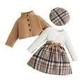 thumbnail image 3 of Swuxness Girls' Long Sleeve Coat 2 Piece Set, Kids Short Dress Set, Girls Fleece Solid Stand Collar Jacket Classic Plaid Belted Dress and Beret Set 3 Piece Khaki, 12-18 Months, 3 of 5