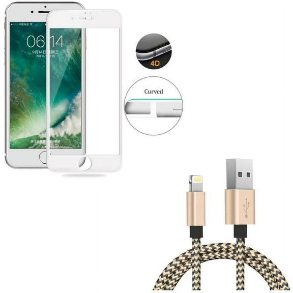 iPhone 7/8 PLUS Screen Protector w USB Cable - Tempered Glass 4D Touch Curved Edge Full Cover, 3ft Charger Cord Power for iPhone 8 PLUS/7 Plus
