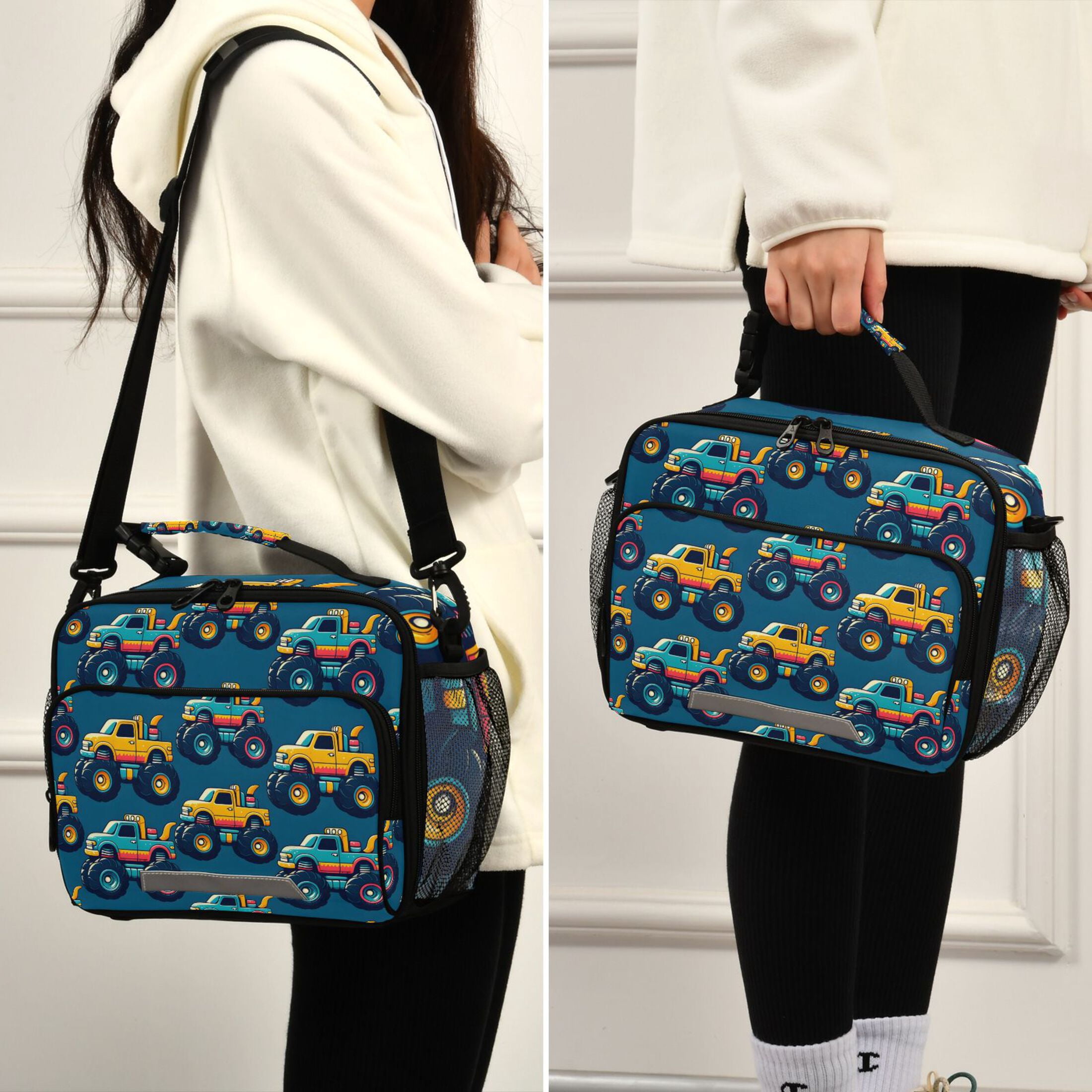 ALAZA Cartoon Car Vehicles Lunch Box Insulated Cooler Bag Reusable Tote Bags Shoulder Strap